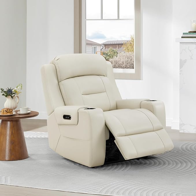 Watson & Whitely Genuine Leather Power Recliner Chairs for Adults, Lay Flat Recliner with Power Headrest, USB Ports and Cup Holders, Electric Reclining Sofa for Living Room, Bedroom, Cream