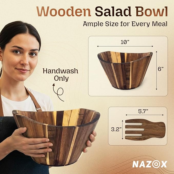 Acacia Wood Salad Bowl Set with Serving Hands, 10” Diameter, 6” Height - Handmade, Large Serving Bowl for Salad, Fruit & Pasta - Durable Natural Brown Serveware Gift, Modern Geometric Design