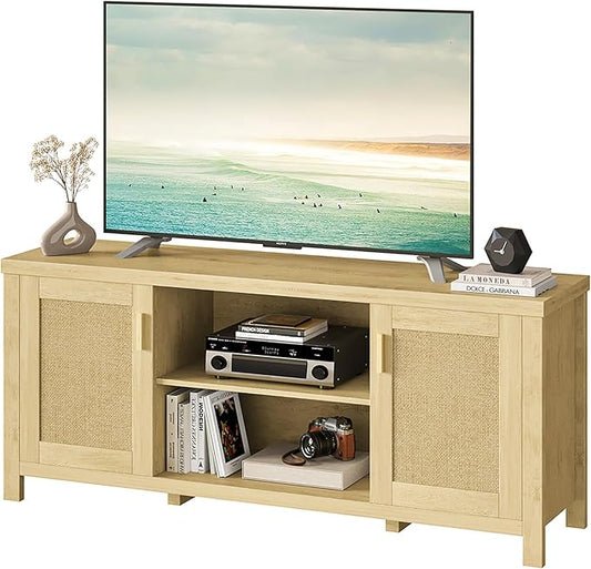 Rattan TV Stand for TVs up to 65'',Boho Entertainment Center with Adjustable Shelves, Mid Century Modern Media TV Console Cabinet with Rattan Doors for Living Roon Bedroom Natural LTV91Y