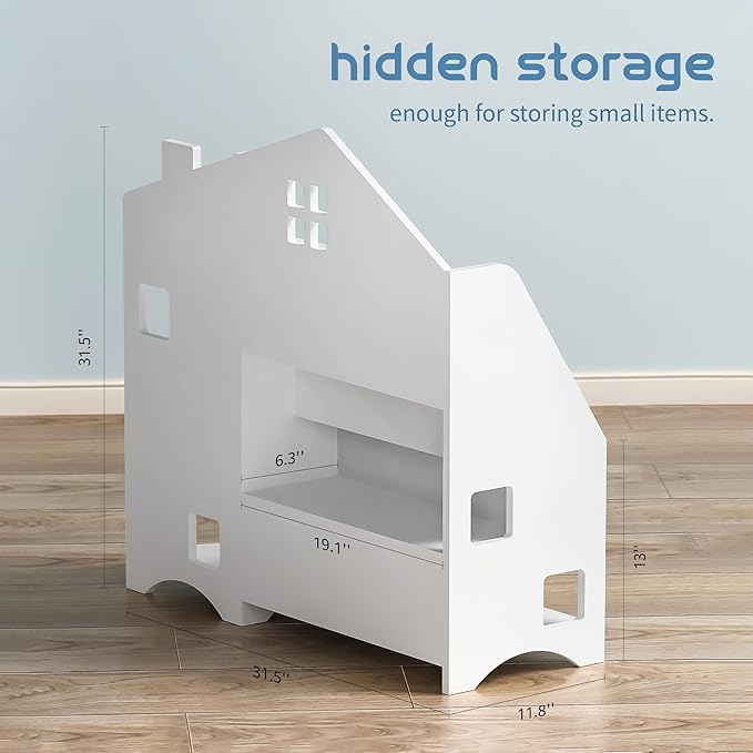 3 Tier Kids Bookshelf Bookcase, House Shape Book Shelf for Kids Rooms Nursery, Montessori Bookshelf, Kids Book Shelf and Toy Storage for Toddler Children, White
