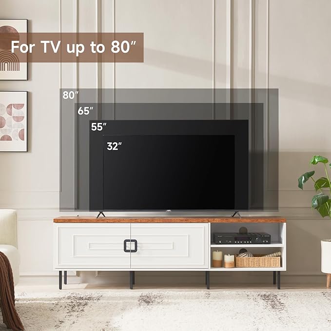 White TV Stand for Living Room, 70" Farmhouse TV Stand for 50/60/70/80 inch TV, Modern Entertainment Center with Adjustable Shelf and Cabinets, Long Media Console Table with Solid Feet