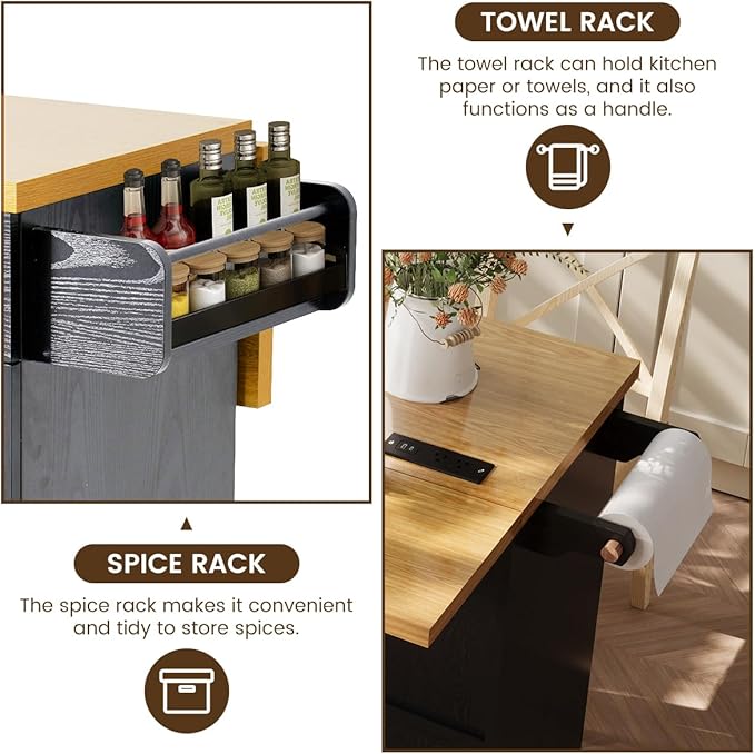 COCO DESIGN 60" Rolling Kitchen Cart with Power Strip & Drop Leaf, Thick Countertop, Large Storage Cabinet & Drawers, Mobile Island with Locking Wheels, Towel Rack and Spice Rack for Kitchen, Black