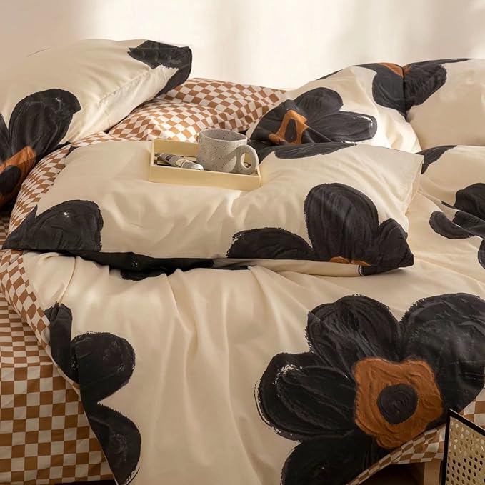 Cottonight Black Sunflower Comforter Set Queen Beige Black Floral Bedding Comforter Set Big Flower Botanical Quilts Boho Blankets Cute Elegant Bedding Set for Women Girls Queen Bed