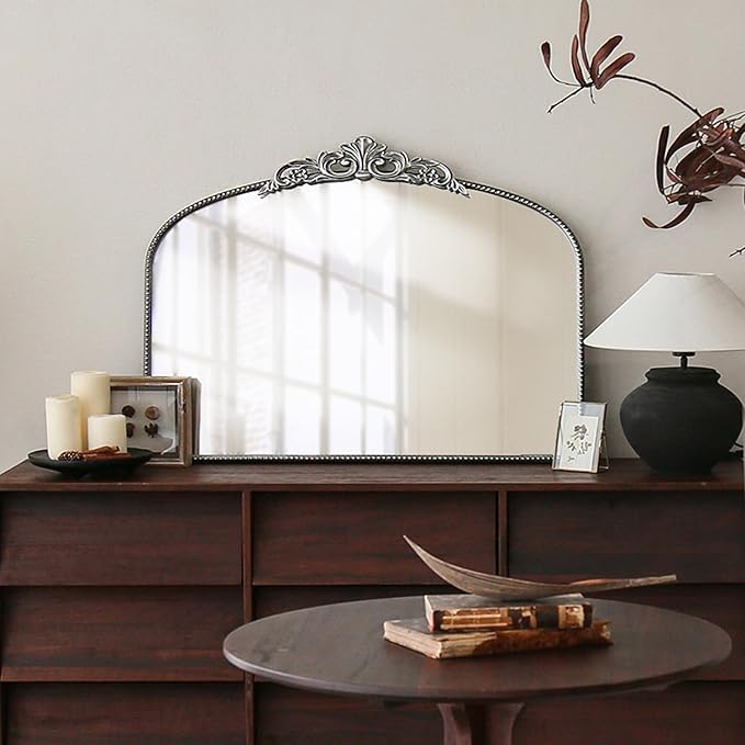 Micasso Vintage Ornate Baroque Mirror, 29" x 36" Large Silver Arched Wall Mirror for Bathroom, Living Room, Fireplace, and Bedroom