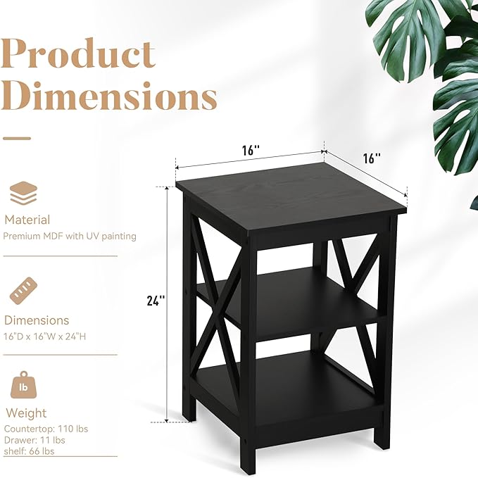 ALPHA HOME Side Tables Farmhouse End Table Set of 2, Small Bedside Tables 3-Tier Storage Shelf for Small Spaces, Couch End Tables, End Table for Living Room, Bed Room, Black