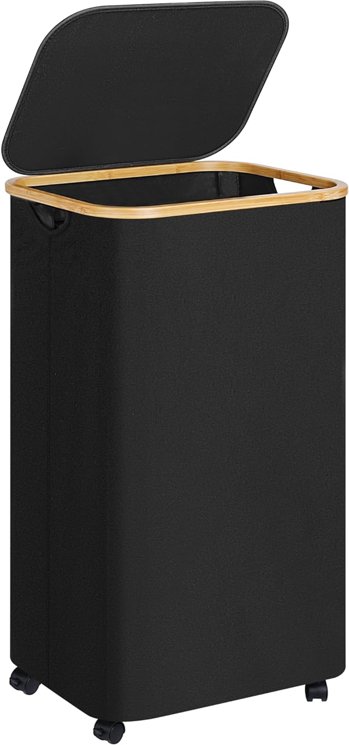 Laundry Basket with Wheels,100L Hampers for Laundry,Black Large Laundry Hamper with Lid and Bamboo Handles,Collapsible & Waterproof Tall Cloth Hamper for Dormitory Family