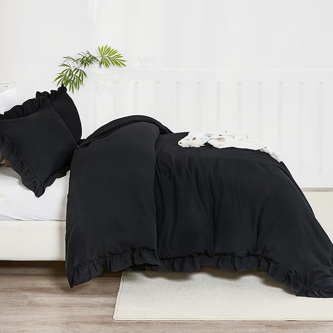 Litanika Black King Size Comforter Set, 3 Pieces Ruffle Farmhouse Aesthetic Bedding Comforter Set, All Season Soft Lightweight Fluffy Microfiber Bed Set(104x90In Comforter, 2 Pillowcases)