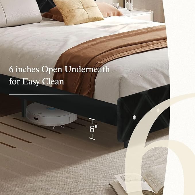 HOMBCK Queen Bed Frame with Headboard, Velvet Upholstered Bed with Wingback and Diamond Tufted Design, Wood Slat Support, No Box Spring Needed, Black