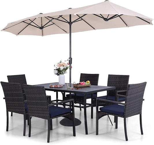 Patio Outdoor Table and Chairs Set with Umbrella Beige, Patio Dining Sets for 6, 7 Pieces Patio Table Set Clearance for Backyard Deck Porch Outside, Metal Table with Hole & Cushioned Rattan Chairs