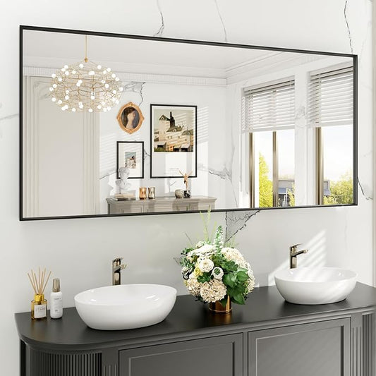 Bathroom Mirror Black,60x28 Inch Large Matte Black Bathroom Vanity Mirror,Rectangle, Square Corner, Anti-Rust,Shatter-Proof, Bedroom, Living Room, Entryway, Wall-Mounted(Horizontal/Vertical)