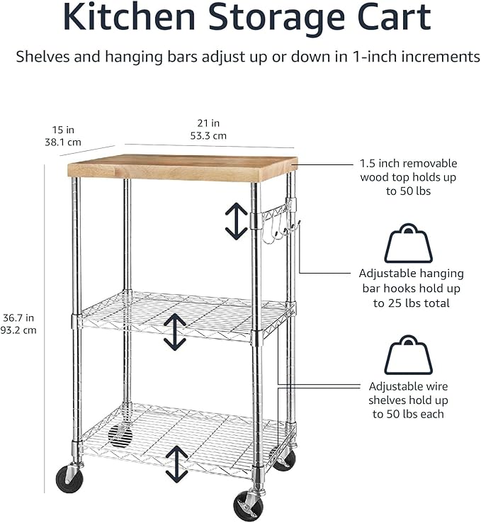 Amazon Basics Portable Kitchen 3-Tier Storage Rack on Caster Wheels with Adjustable 2 Shelves, 175 Pound Capacity, 21 x 15 x 36.7 inches (LxWxH), Wood/Chrome