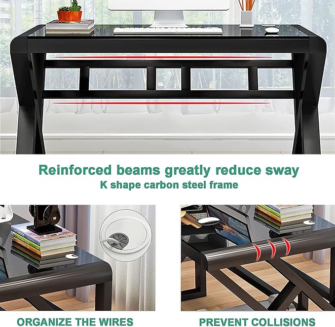 SAMERY Computer Desk Home Office Desks, 55.1 Inch Modern Simple Office Black Glass Desk Computer Table Study Gaming Writing Desk, Fashion Strength Tempered Glass Office Laptop Desk