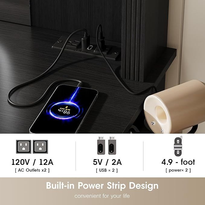 Maupvit Farmhouse Vanity Desk with Mirror and Lights, Makeup Vanity Table with Charging Station, 45" Bedroom Table with 4 Drawers and Cabinets, 3 Lighting Modes, Black