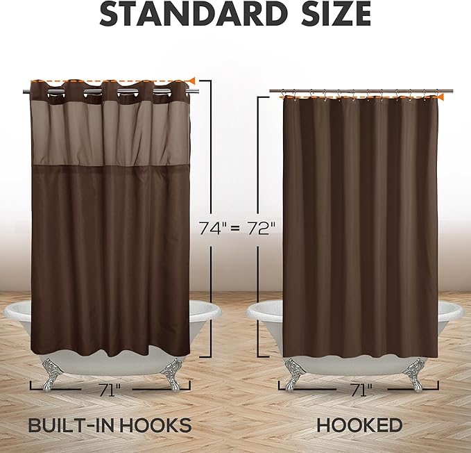 No Hook Slub Textured Shower Curtain with Snap-in PEVA Liner Set - 71" x 74"(72"), Hotel Style with See Through Top Window, Machine Washable & Water Repellent, Chocolate Brown, 71x74