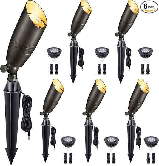 Low Voltage Spot Lights - Solid Brass Landscape Spotlight Wired, 12V Outdoor LED Bullet Uplights, Waterproof Electric Bronze for Patio Wall with 4000K Bright White MR16 Bulb (6 Pack)