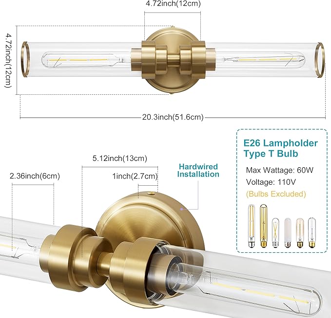 Bathroom Light Fixtures, Gold Wall Sconce in Clear Glass Vanity Lights, Modern Bathroom Vanity Light Up and Down Sconces Wall Lighting for Living Room, Hallway, Bedroom - Bulb Not Included