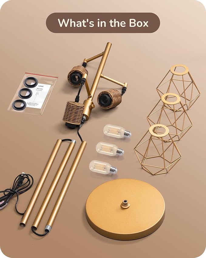 EDISHINE Dimmable Industrial Floor Lamp, Farmhouse Standing Lamp for Living Room with 3 LED Edison Bulbs, Diamond-Shaped Cage, Corner Rustic Rattan Reading Lamps for Bedroom, Office, Gold