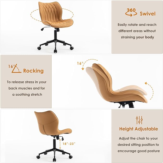 YOUNUOKE Armless Desk Chair Comfy Office Chair with Wheels Home Ergonomic Task Chair Adjustable Computer Chairs Modern Faux Leather Swivel Chair Upholstered Makeup Vanity Chair with Back(Camel)