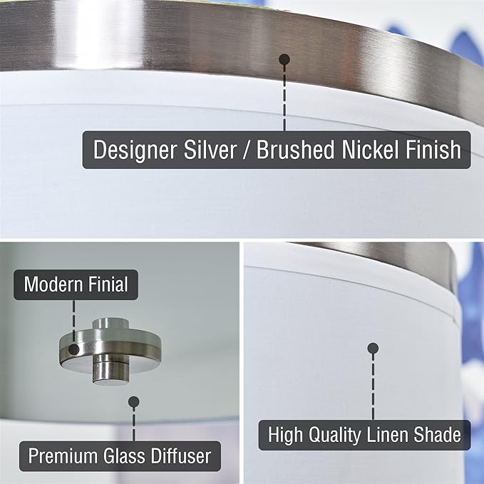 Kira Home Walker 15" Mid-Century Modern 3-Light Flush Mount Ceiling Light, White Fabric Shade + Round Glass Diffuser, Brushed Nickel Finish