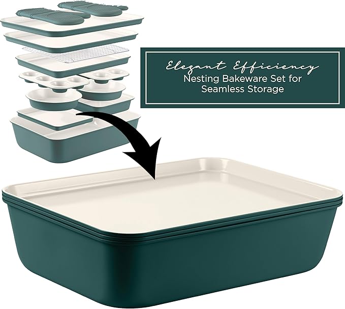 Country Kitchen Nonstick Stackable Bakeware Set - Durable, Easy Release Baking Set, Sage, 13 Pcs