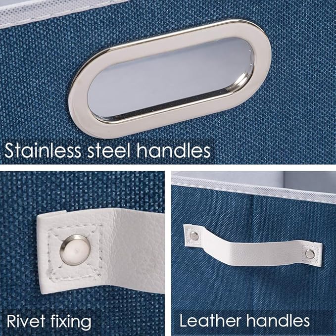 PRANDOM Large Collapsible Storage Baskets for Closet [3-Pack] Decorative Fabric Storage Bins Cubes with Leather/Metal Handles for Shelves Bedroom Living Room Royal Blue (14.9x9.8x8.3 Inch)