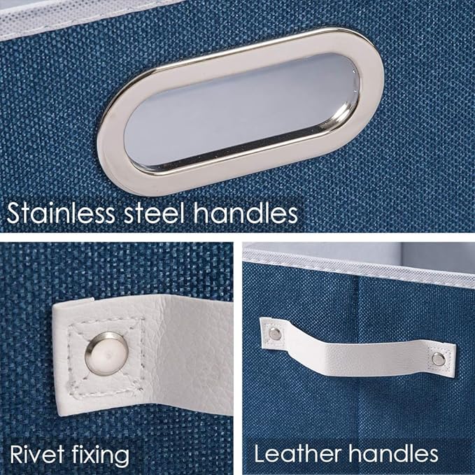 PRANDOM Large Collapsible Storage Baskets for Closet [5-Pack] Decorative Fabric Storage Bins Cubes with Leather/Metal Handles for Shelves Bedroom Living Room Royal Blue (14.9x9.8x8.3 Inch)