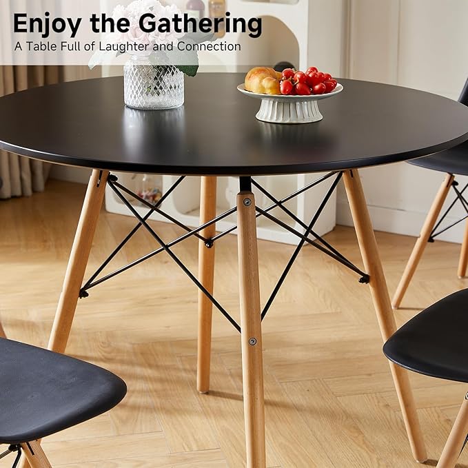 Round Dining Table Set for 4 31.5" Wood Dinner Table Circle Dining Table Kitchen Table Chairs Set of 4 with Wood Strip Base for Kitchen Living Room Space Saving Apartment(Black)