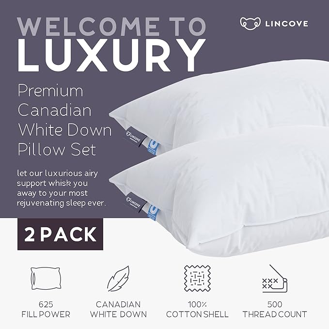 Lincove Cloud Natural Canadian Down Pillow, White Luxury Sleeping Pillow - 625 Fill Power, 500 Thread Count Cotton Shell, Made in Canada, Standard - Firm, 2 Pack