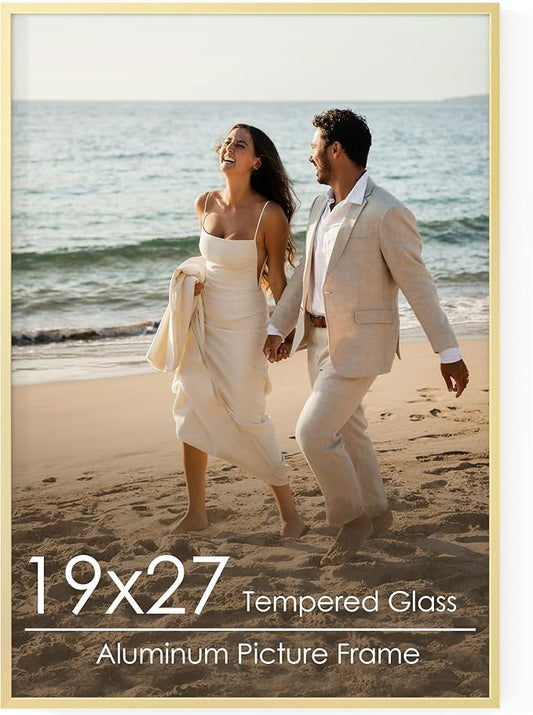 19x27 Metal Picture Frame - Gold Aluminum Picture Frames with Real Glass, Wall Mounting Horizontally or Vertically, Diploma, Certificates and Decor for Wall Gallery 27x19 Frame, Gold