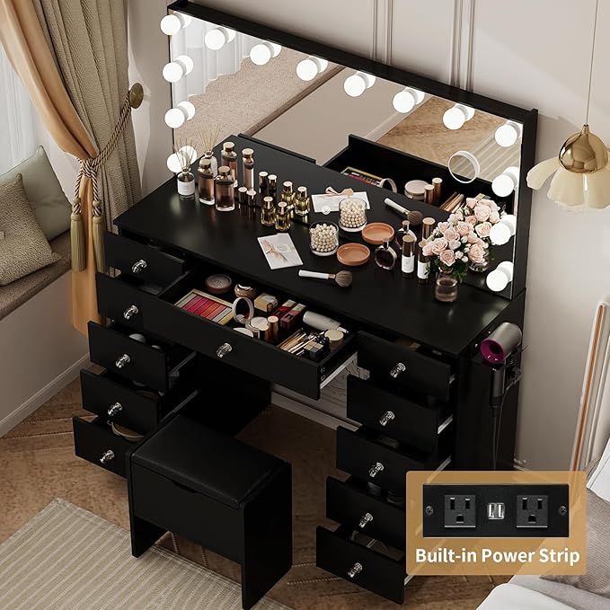 VOWNER Vanity with Lighted Mirror - Makeup Vanity Desk with Lights and 11 Drawers, 3 Color Lighting Modes Adjustable Brightness, 46" Makeup Desk with Soft Cushioned Stool for Bedroom, Black