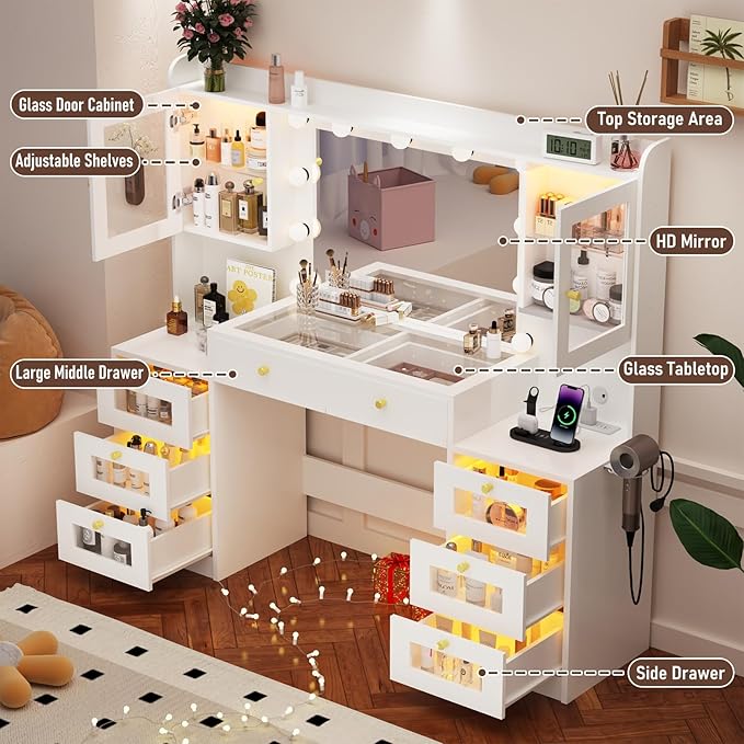 62" Large Makeup Vanity Desk with Mirror and Lights, Glass Top Vanity Table with Power Outlet & Lighted Glass Cabinet, 8 Drawers, Dressing Table with 3 Colors Lights for Bedroom Dressing Room, White