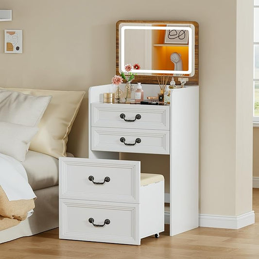 Lvifur 3 in 1 Vanity Desk with Flip Top Mirror and 3 Color Lights,Small Compact Vanity with Charging Station,Glass Top Makeup Vanity with 3 Drawers,Rolling Cushioned Stool