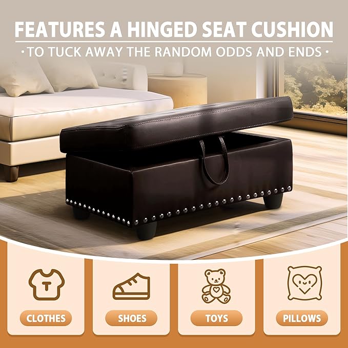 Ottoman Rectangular Storage Ottoman Bench, Faux Leather Footrest, Coffee Table, Stool Footstool with Hinged Lid for Living Room, Bedroom, Entryway, Brown, 28.5"x19"x17.5"