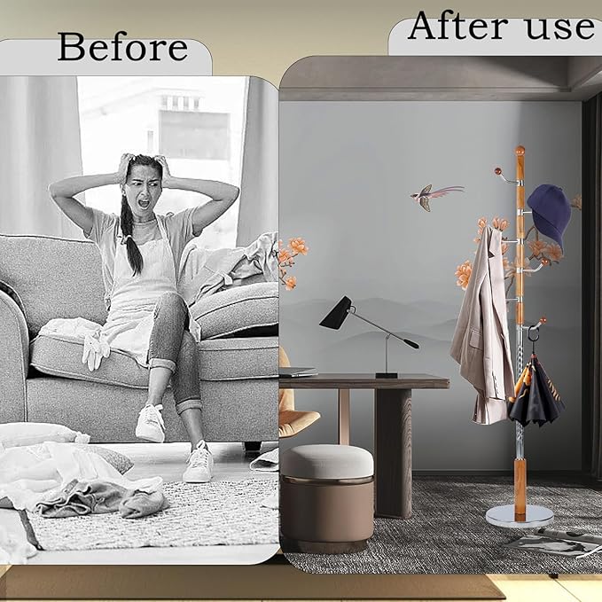 Coat Rack Freestanding, Wooden Tree Coat Rack Stand with 3 Adjustable Sizes Coat Tree and 14 Hooks, Sturdy Hall Tree with Solid Round Base for Entryway, Hallway,Bedroom (Solid Wood Metal Hook)