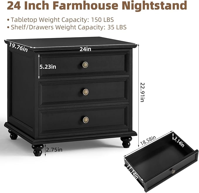 24" Wide Farmhouse Night Stand,Large End Table with 3 Drawers & Metal Handle,Black Dresser for Bedroom, Bed Side Table Chest of Drawers Cabinet,Wood Nightstand for Living Room,Closet