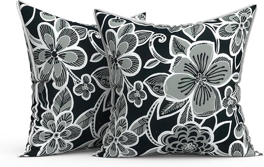 Outdoor Throw Pillow Covers Pack of 2, Decorative Water Repellent Square Pillow Cases 18x18 Inch, Patio Pillowcases for Home Patio Furniture Use, Flower Black