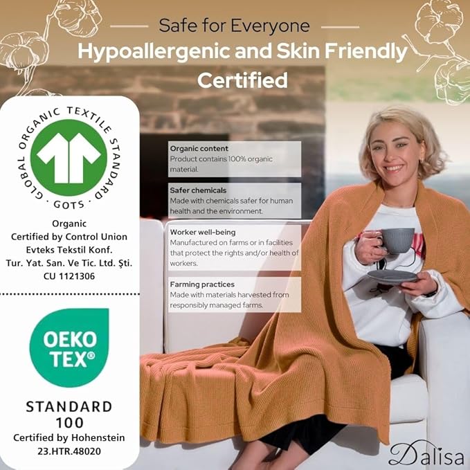 Dalisa 100% Organic Turkish Cotton Throw Blanket - GOTS Certified, Cozy - Perfect for Couch, Bed, and Home Decor - Boho Vintage Knit Alina (Saffron Gold, 50x60)