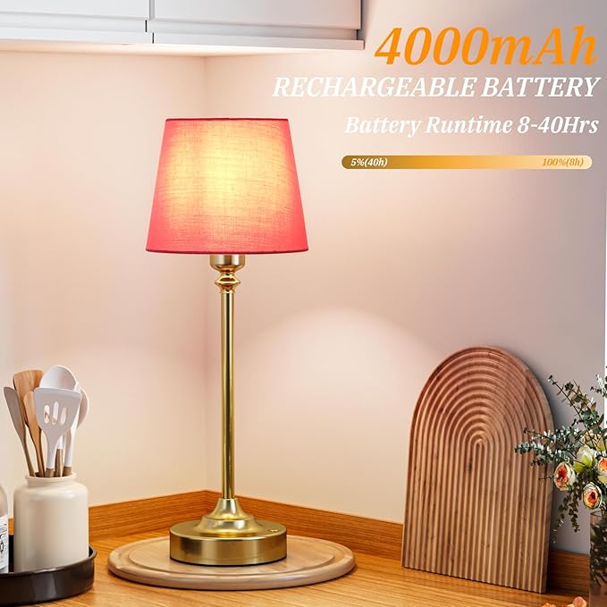 Cordless Table Lamps Rechargeable Set - 2 Pack Brass 4000mAH Battery Operated Lamps for Decor, 3000K Stepless Dimming Touch Control Wireless Lamps for Bedroom, Dining Table, Living Room, Rose Shade