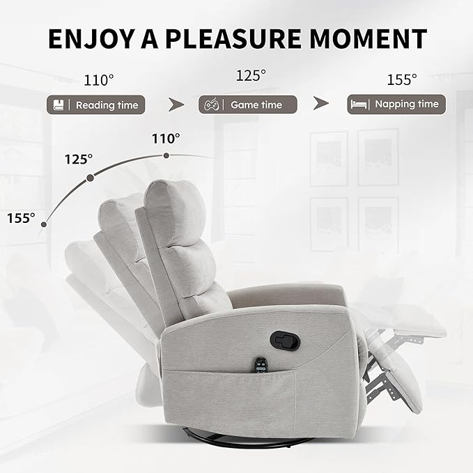 PELUMY Massage Recliner Chair with Heat - Manual Rocker Swivel Recliner, 360° Rotation & 155° Recline for Living Room（Linen Fabric, Beige）