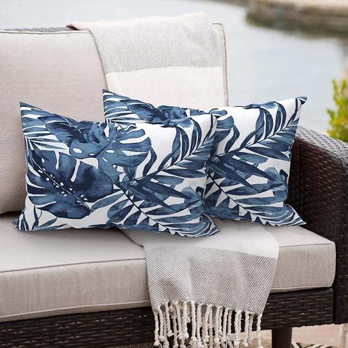 Outdoor/Indoor Lumbar Pillows, Water Repellent Cushion Pillows, 12x20 Inch, Outdoor Pillows with Inserts for Home Garden, Pack of 2, Palm Blue