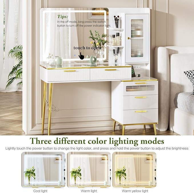 47.24" Big Modern Vanity Desk with Mirror and Lights,Makeup Vanity Desk with 5 Drawers and Storage Shelves & Power Outlet,Dressing Table with Glass Top, White