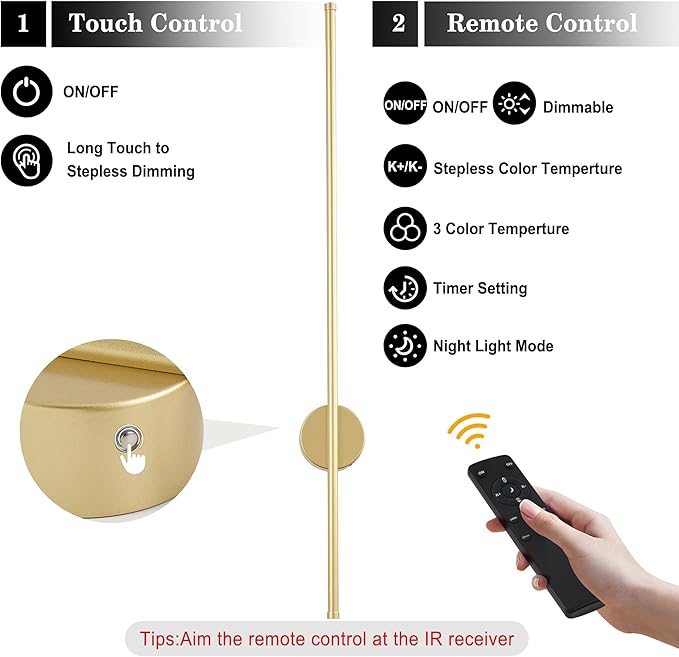 Battery Operated Modern Wall Sconces,Dimmable Wireless Wall Light Set of Two with Remote Control,3 Color Temperatures,Rechargeable LED Wall Sconce for Bedroom,Living Room,Hallway,39.3 Inch, Gold