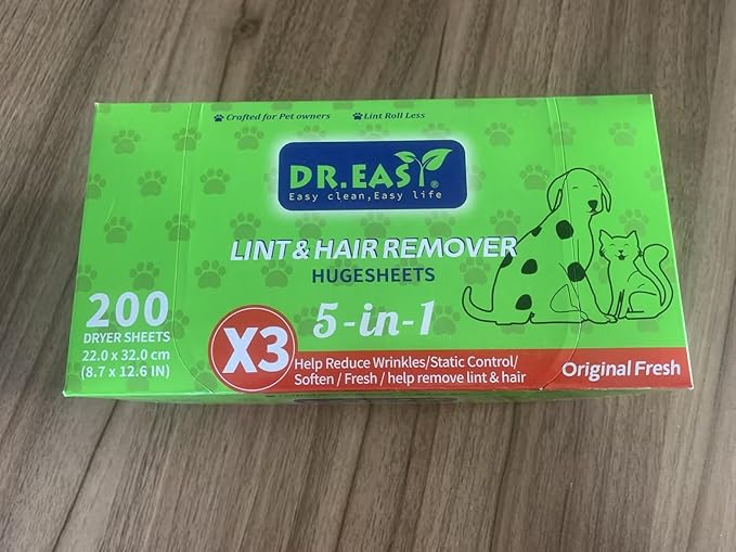 Dr.Easy LINT & HAIR REMOVER Pet HUGESHEETS with 3X Dryer Sheets, Original Fresh, 200 Count,PLANT&MINERAL-BASED FORMULA