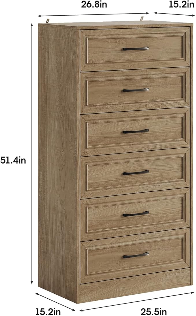 Fameill Dresser for Bedroom, Tall Dresser for Hallway, 6 Drawer Wide Dresser Organizer with Charging Station for Closet, Wood Dresser with Metal Handles, Oak