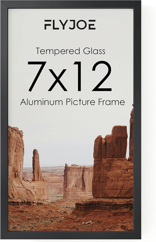 7x12 Metal Picture Frame - Black Aluminum Picture Frames with Real Glass, Wall Mounting Horizontally or Vertically, Simple and Elegant Decor for Wall Gallery Poster Photo 12x7 Frame, Black