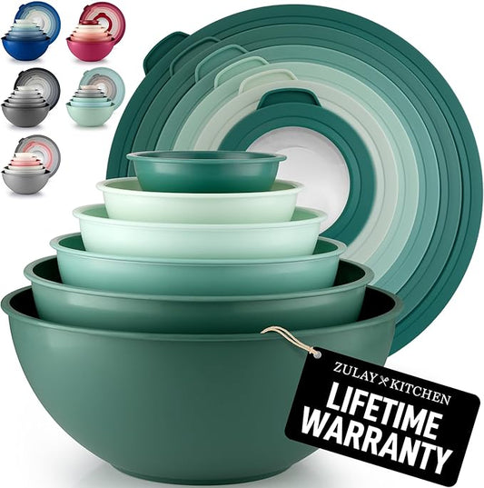 Zulay Kitchen 12-Piece Plastic Mixing Bowl Set - Colorful Nesting Bowls with Lids - Microwave & Freezer Safe (Teal Ombre)