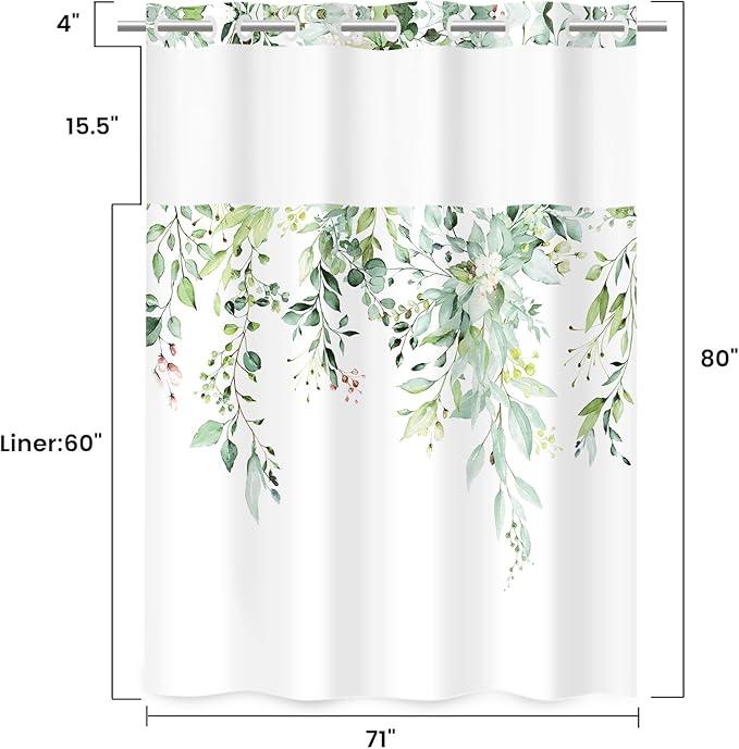 No Hook Shower Curtain with Snap in Liner - Eucalyptus Shower Curtain - Washable Waterproof Inner Liner, Plants Sage Green Leaves Modern Shower Curtains - Machine Washable, 71 x 80