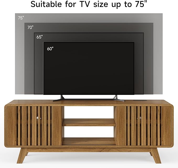 63-Inch TV Stand for TVs up to 75 Inch, Mid-Century Modern Television Stand with Power Outlet， Entertainment Center with Sliding Grille Door Cabinets and Open Shelves for Living Room, Oak
