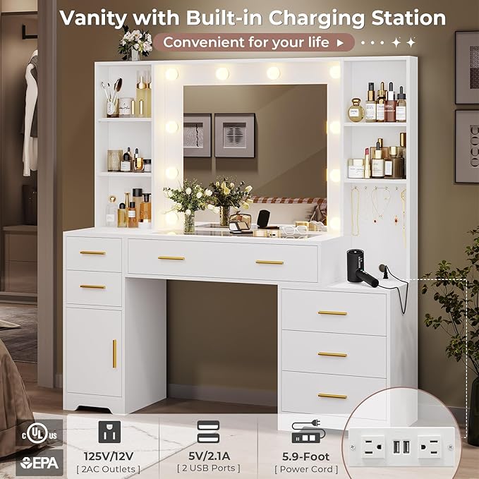 Hasuit 48.8'' Large Vanity Desk with Lighted Mirror & Power Outlet, White Makeup Vanity Table with 6 Drawers, 4 Shelves and 1 Storage Cabinet, Glass Tabletop Bedroom Dressing Table, 3 Lighting Modes