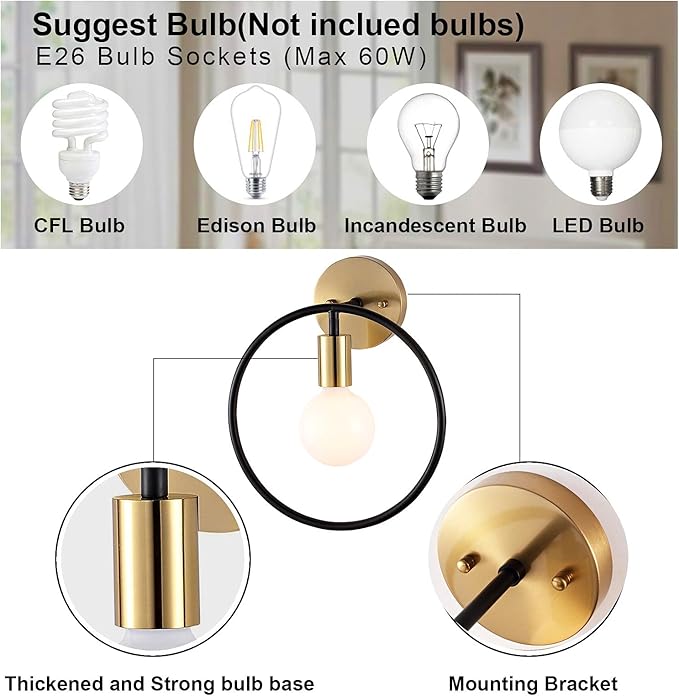 Classy Bathroom Wall Sconce Set of 2 Gold & Black Vanity Industrial Wall Lamp Pole Wall Mount Lighting Fixture